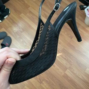 Size 10 Wide black mesh sling back short heel